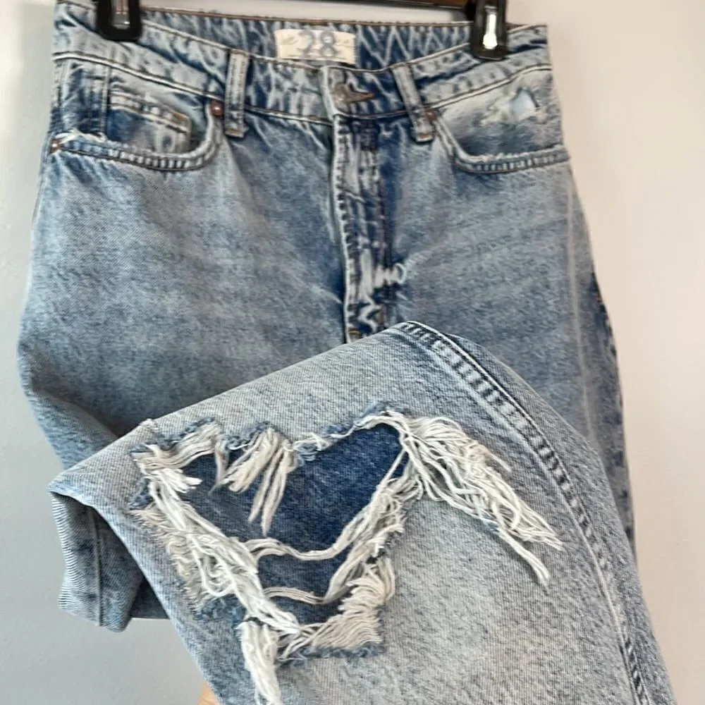 EUC “We The Free” Free People Destroyed Medium Acid Straight Leg Jeans Size  28 - Picture 3 of 13